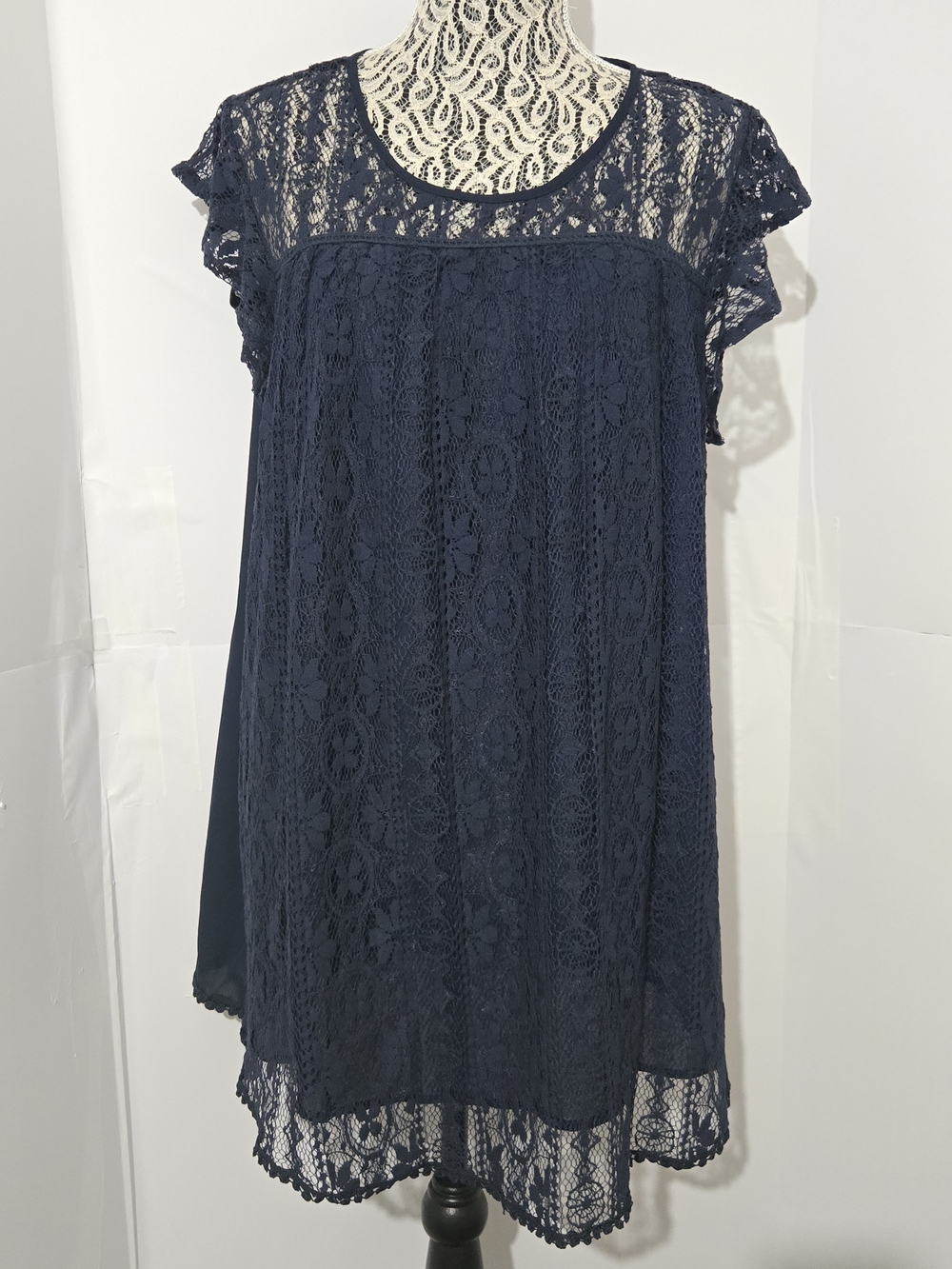 Suzanne Betro Navy Crochet Lace Overlay Top